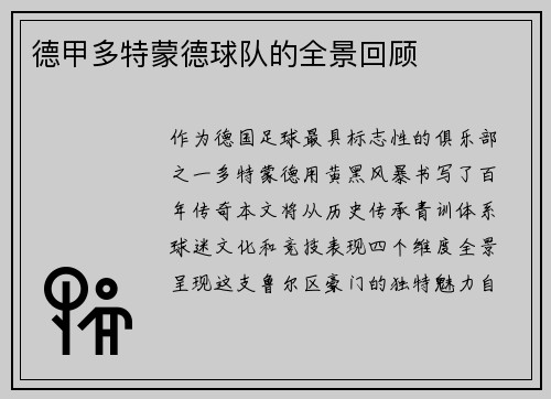 德甲多特蒙德球队的全景回顾
